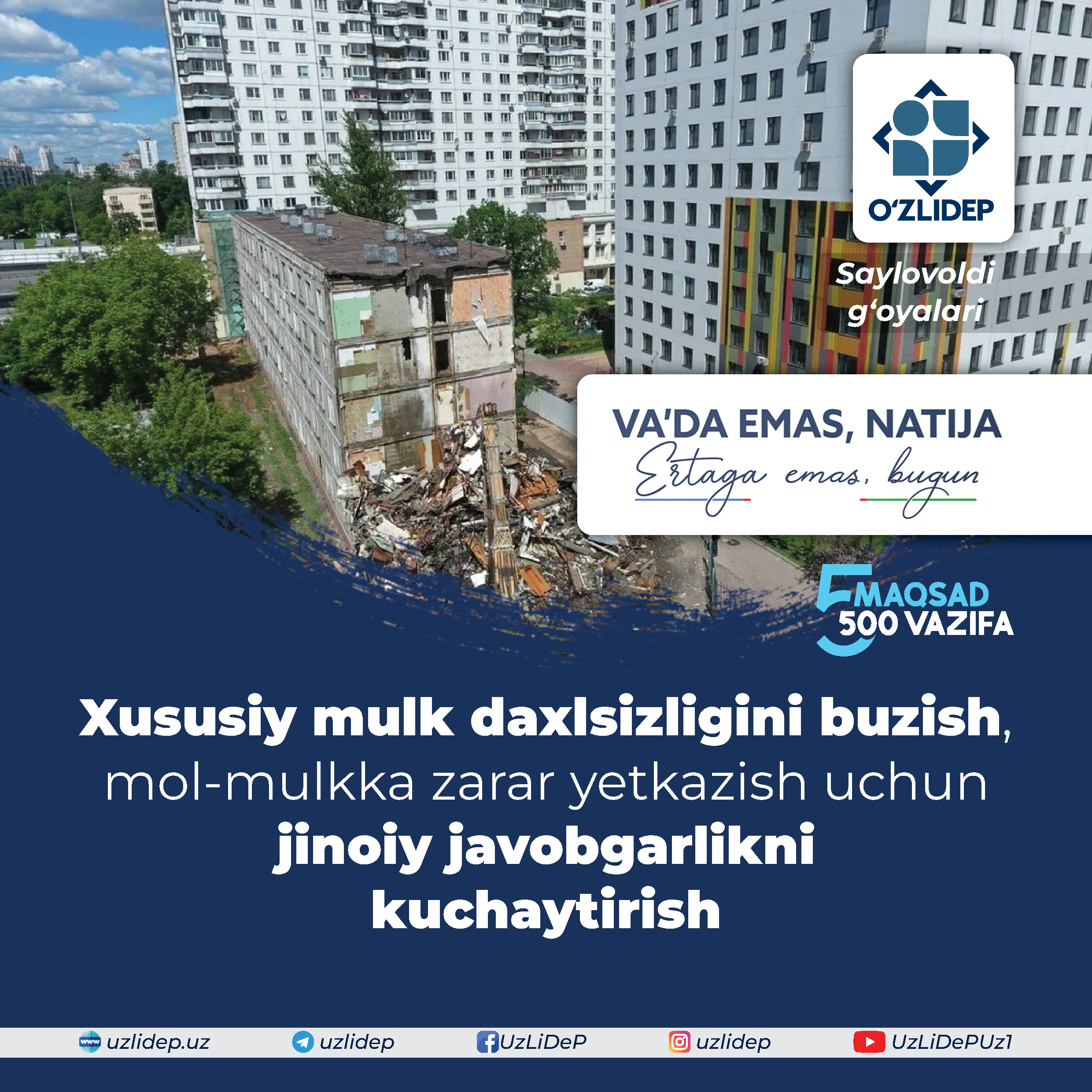 O’zLiDeP xususiy mulkka zarar yetkazilganlik uchun jinoiy javobgarlikni kuchaytirish g‘oyasini ilgari surmoqda