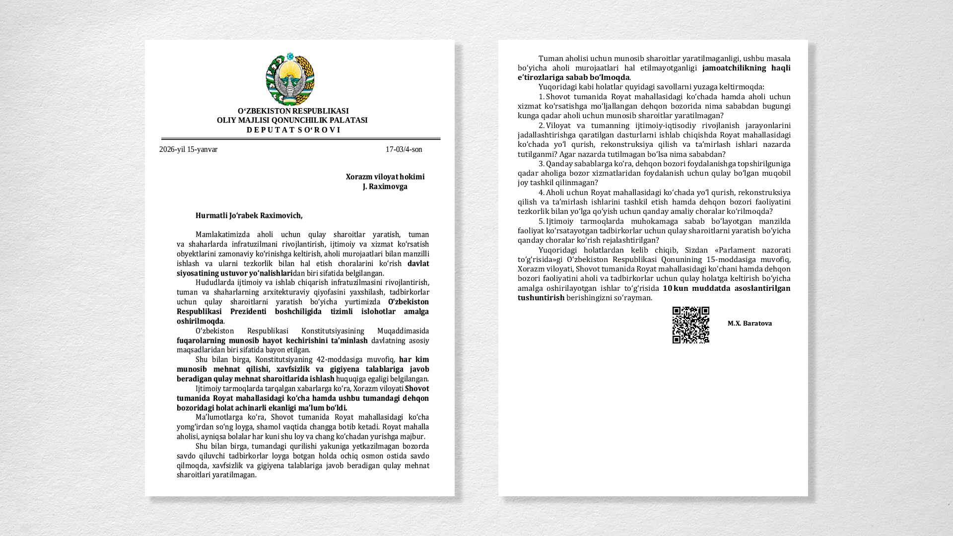 O‘zLiDeP deputati Shovot aholisi va tadbirkorlarning muammolarini hal qilishni talab qildi