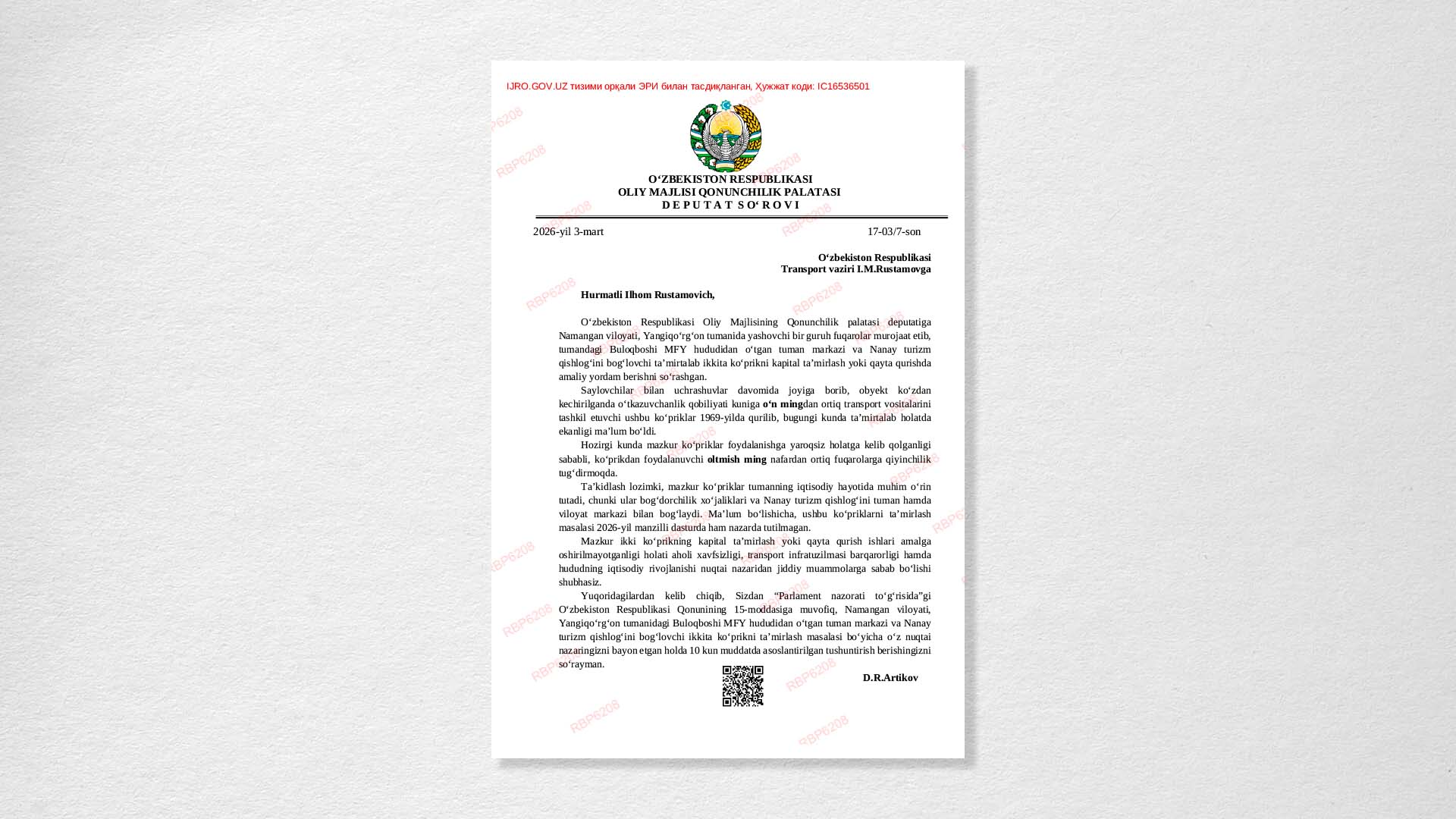 O'zLiDeP deputati: Yangiqo‘rg‘ondagi ikki ko‘prik muammosi qachon hal etiladi?