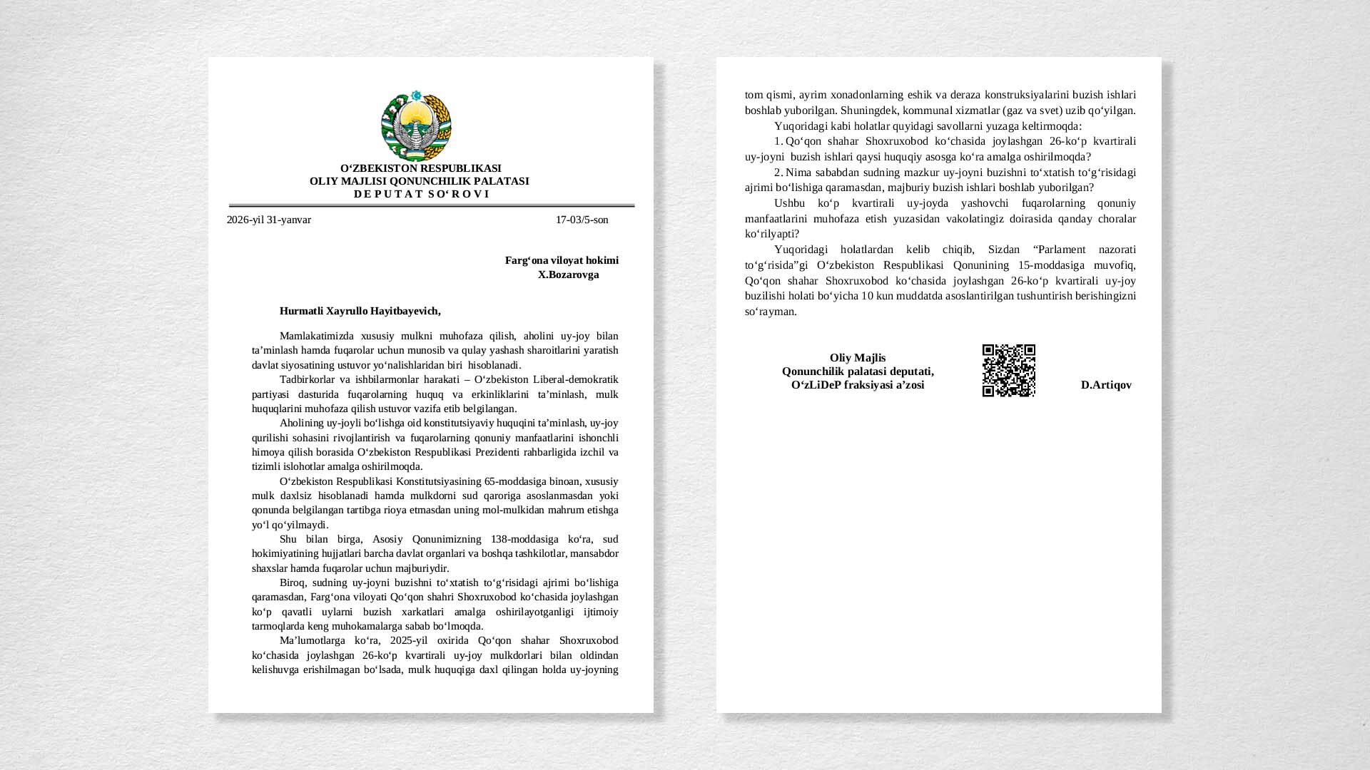 O‘zLiDeP deputati Qo‘qondagi uy-joylar buzilishi bo‘yicha viloyat hokimidan tushuntirish talab qildi