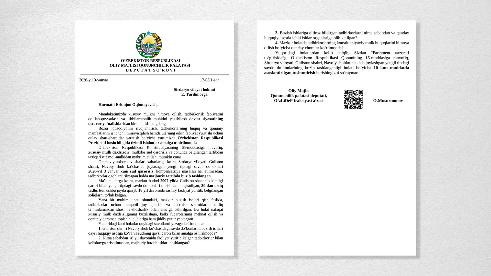 O‘zLiDeP deputati sirdaryolik tadbirkorlarning buzib tashlangan do‘konlari masalasida so‘rov yubordi