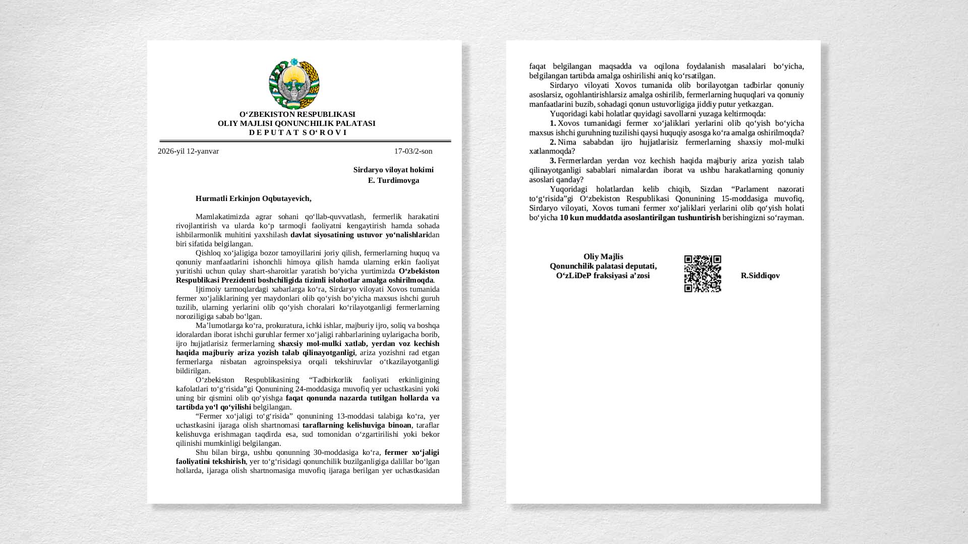 O'zLiDeP депутати ховослик фермерлар муаммоларини бартараф этиш бўйича сўров юборди