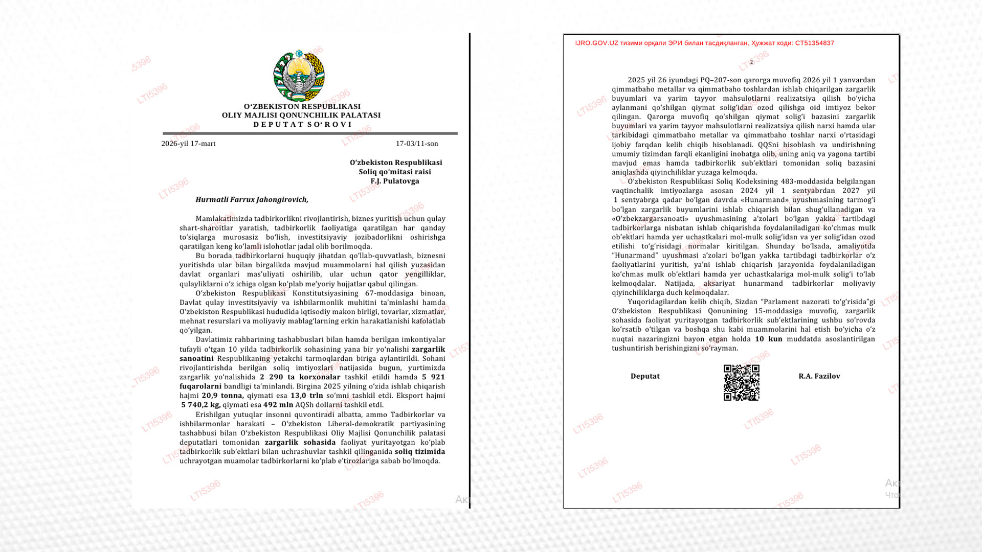 O‘zLiDeP deputati soliq qo‘mitasi raisiga zargarlik sohasidagi muammolar yuzasidan so‘rov yo‘lladi